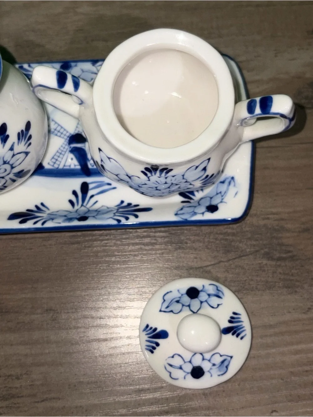🆕💜 Hand Painted Delft Blue Mini Creamer Sugar Bowl Tray Holland Collectible